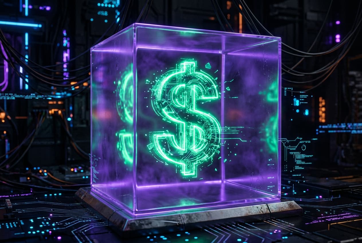 Cyberpunk dollar design within glowing purple cube representing fast finance matching